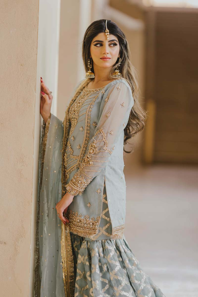 Ice Blue Embroidered Organza Sharara Dress (3-Piece) - Image 7