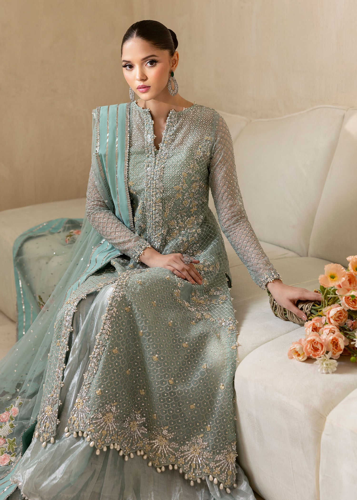 Pakistani Powder Blue Embroidered Organza Sharara (3-Piece) - Image 10