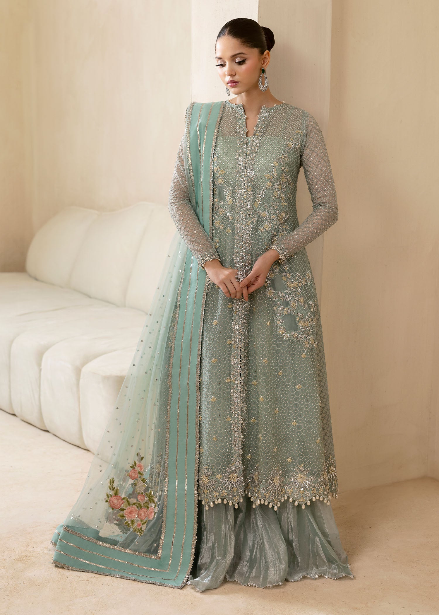Pakistani Powder Blue Embroidered Organza Sharara (3-Piece) - Image 5