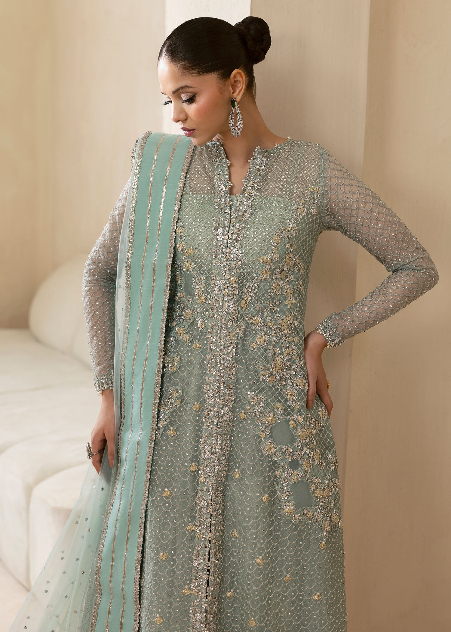 Pakistani Powder Blue Embroidered Organza Sharara (3-Piece) - Image 7