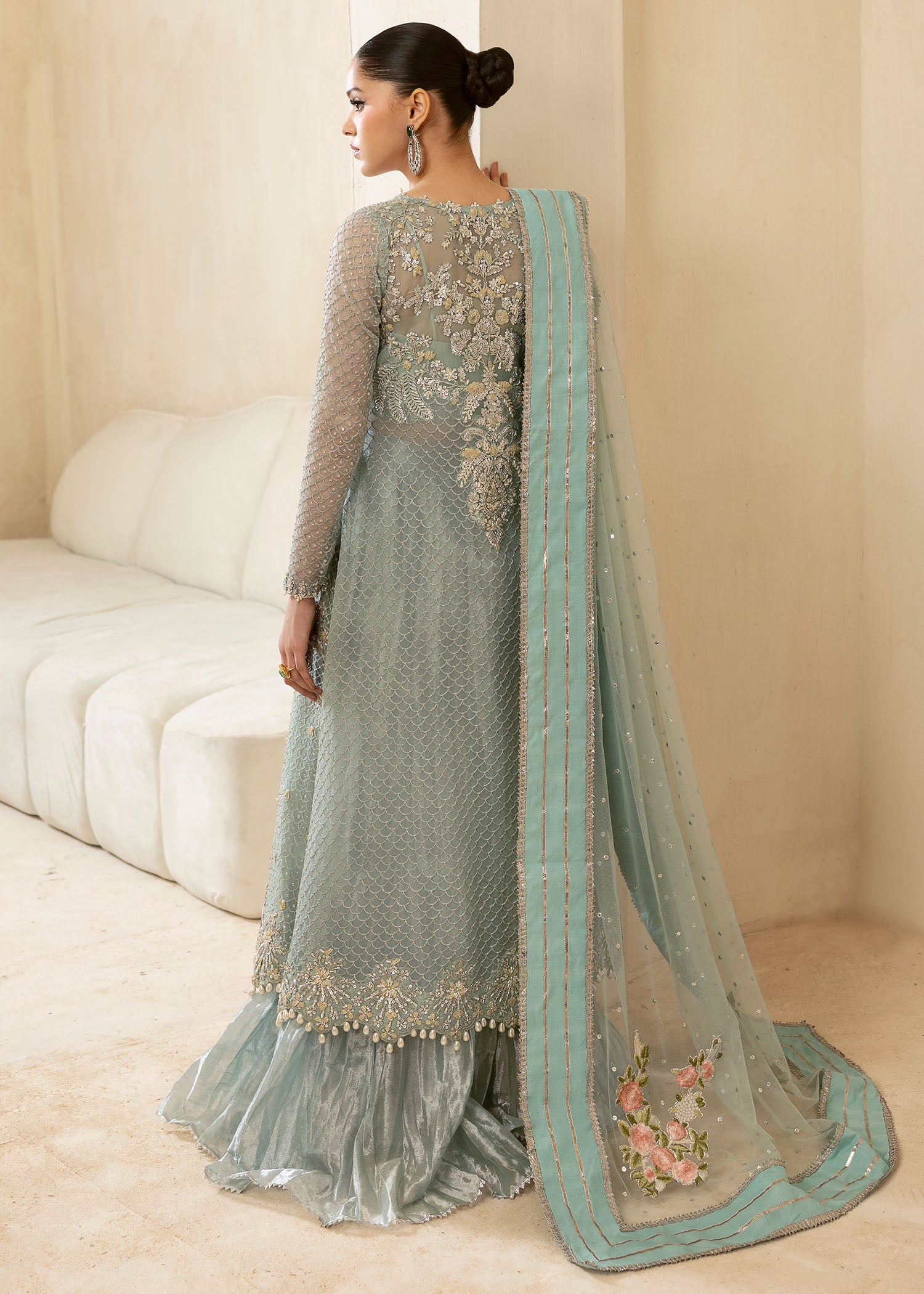 Pakistani Powder Blue Embroidered Organza Sharara (3-Piece) - Image 8