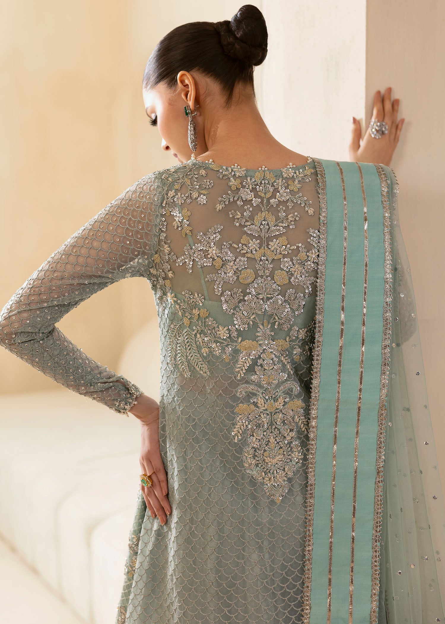 Pakistani Powder Blue Embroidered Organza Sharara (3-Piece) - Image 9