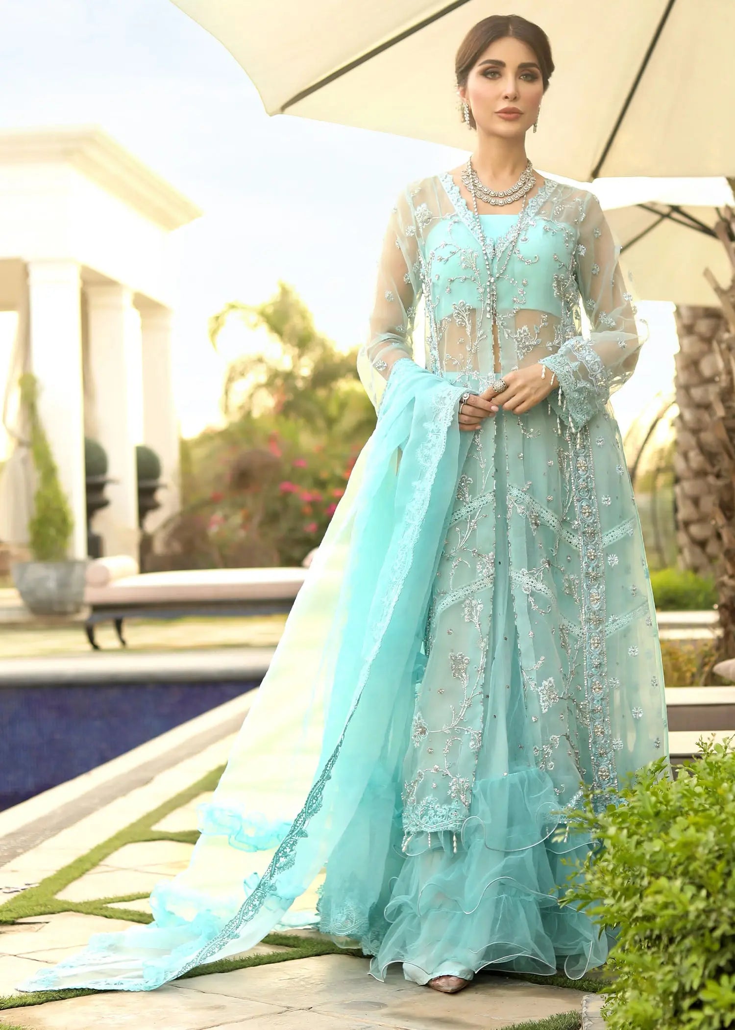 Pastel Blue Embroidered Organza Gown (3-Piece) - Image 10