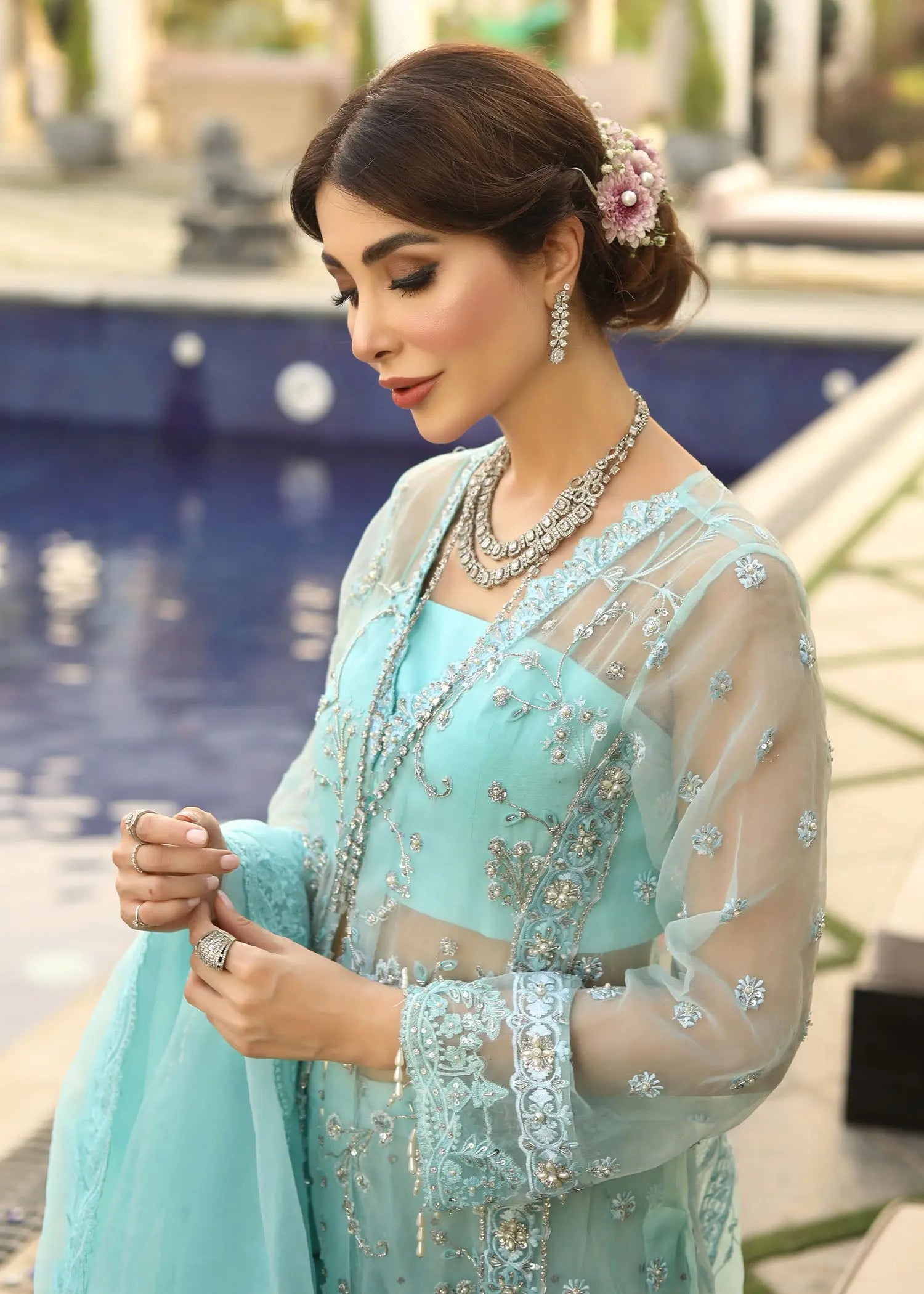 Pastel Blue Embroidered Organza Gown (3-Piece) - Image 11