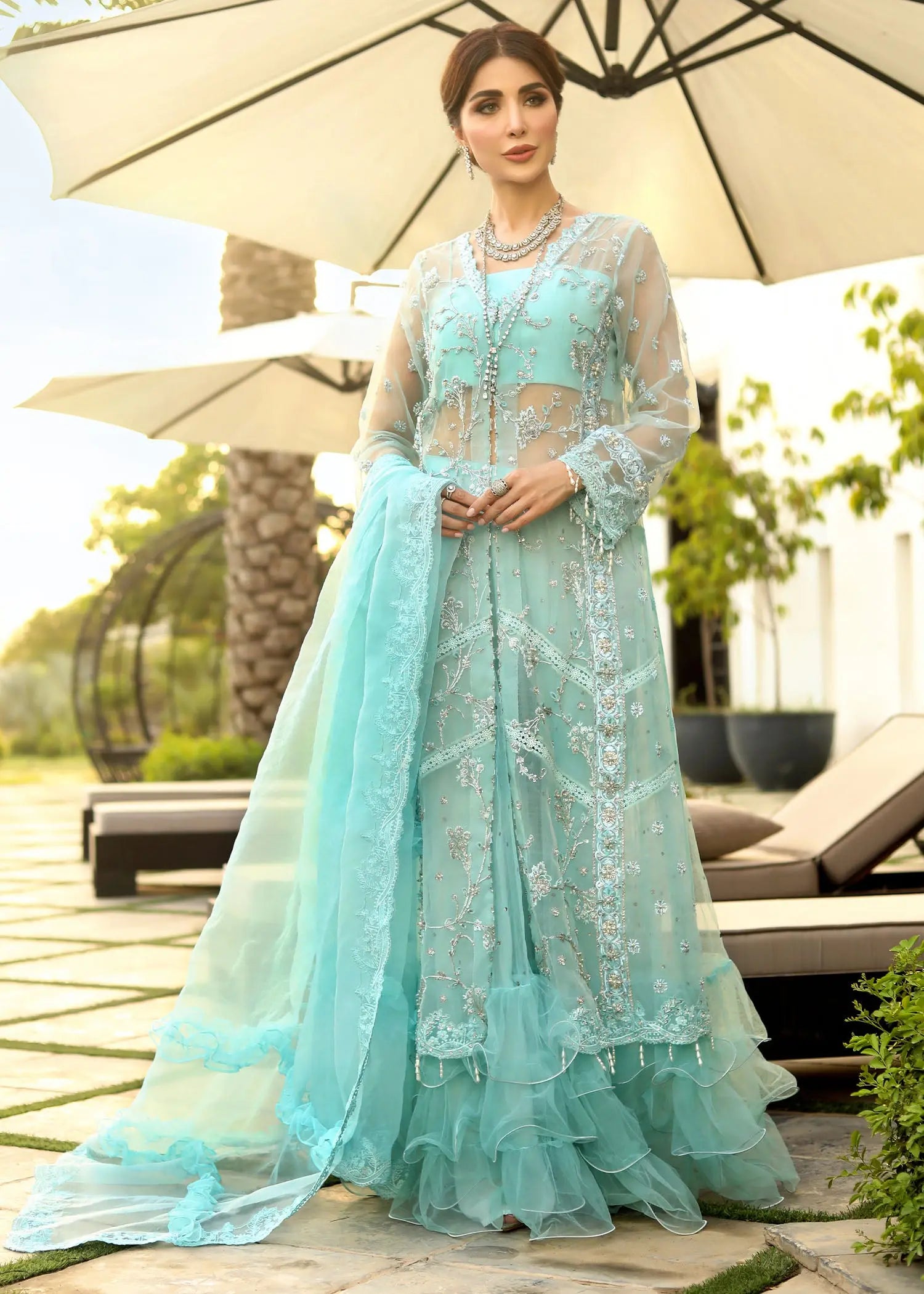 Pastel Blue Embroidered Organza Gown (3-Piece) - Image 12