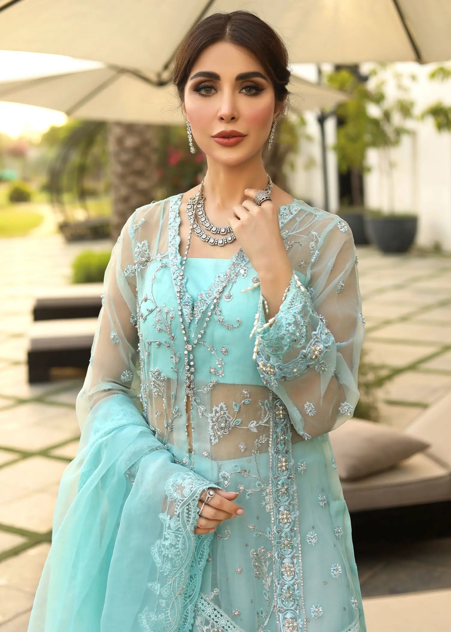 Pastel Blue Embroidered Organza Gown (3-Piece) - Image 16