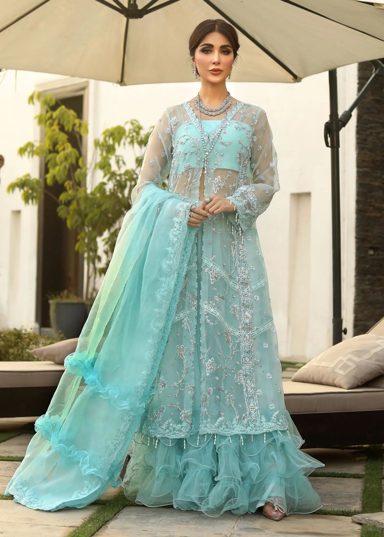Pastel Blue Embroidered Organza Gown (3-Piece) - Image 17