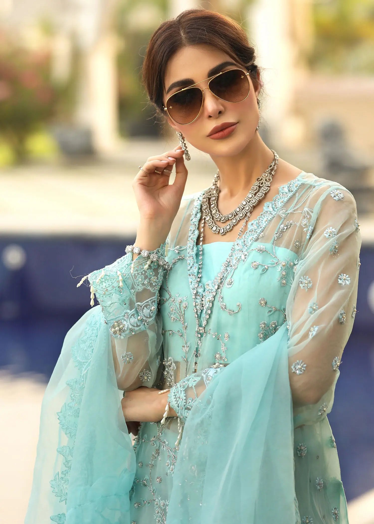 Pastel Blue Embroidered Organza Gown (3-Piece) - Image 6