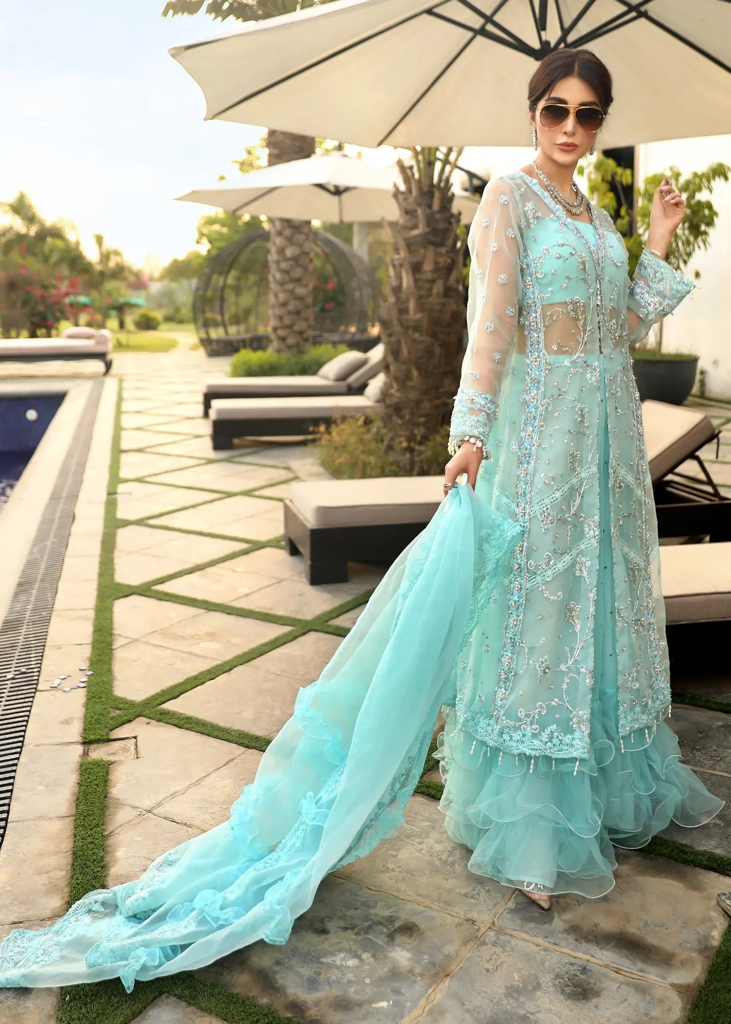 Pastel Blue Embroidered Organza Gown (3-Piece) - Image 7