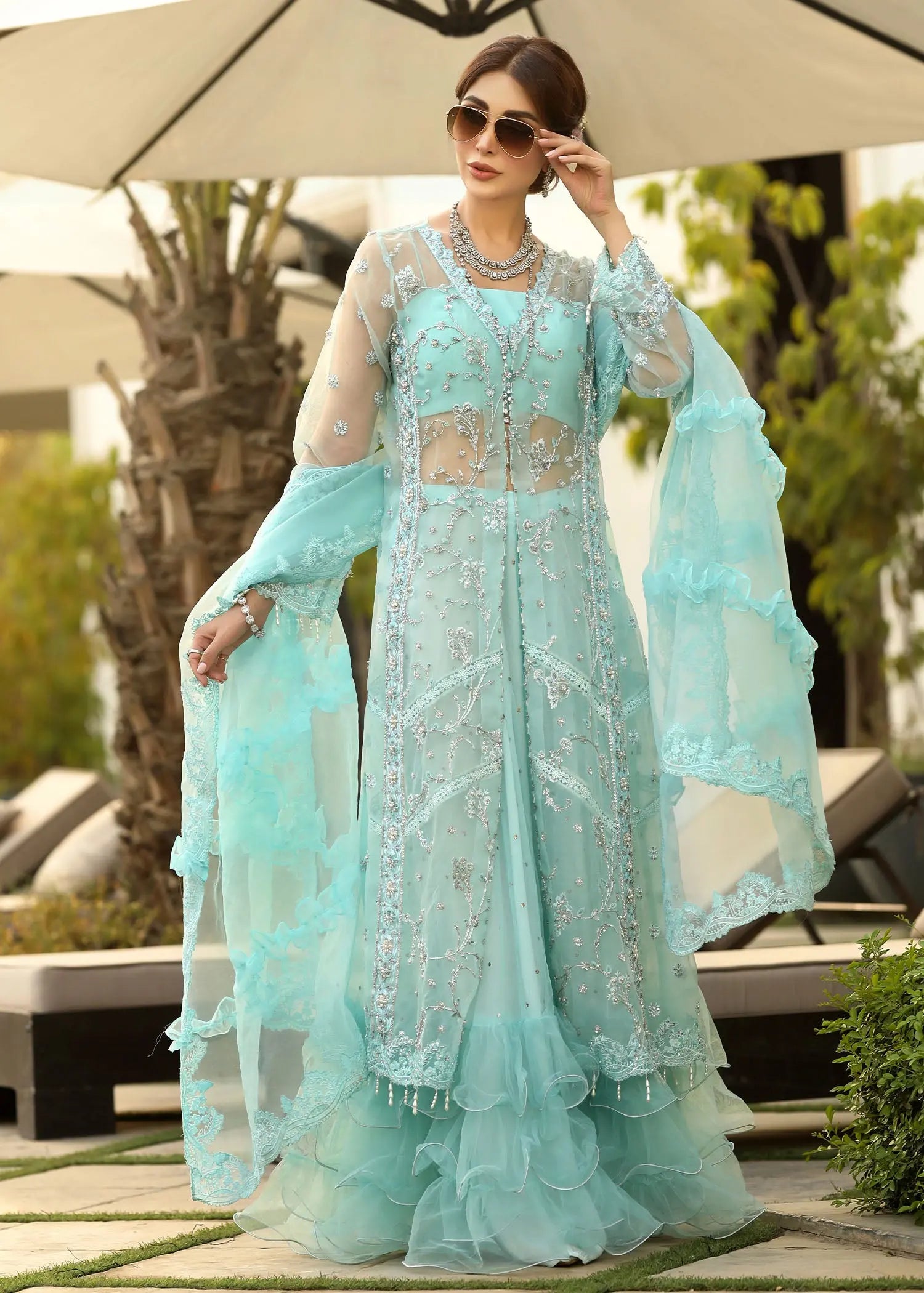 Pastel Blue Embroidered Organza Gown (3-Piece) - Image 8