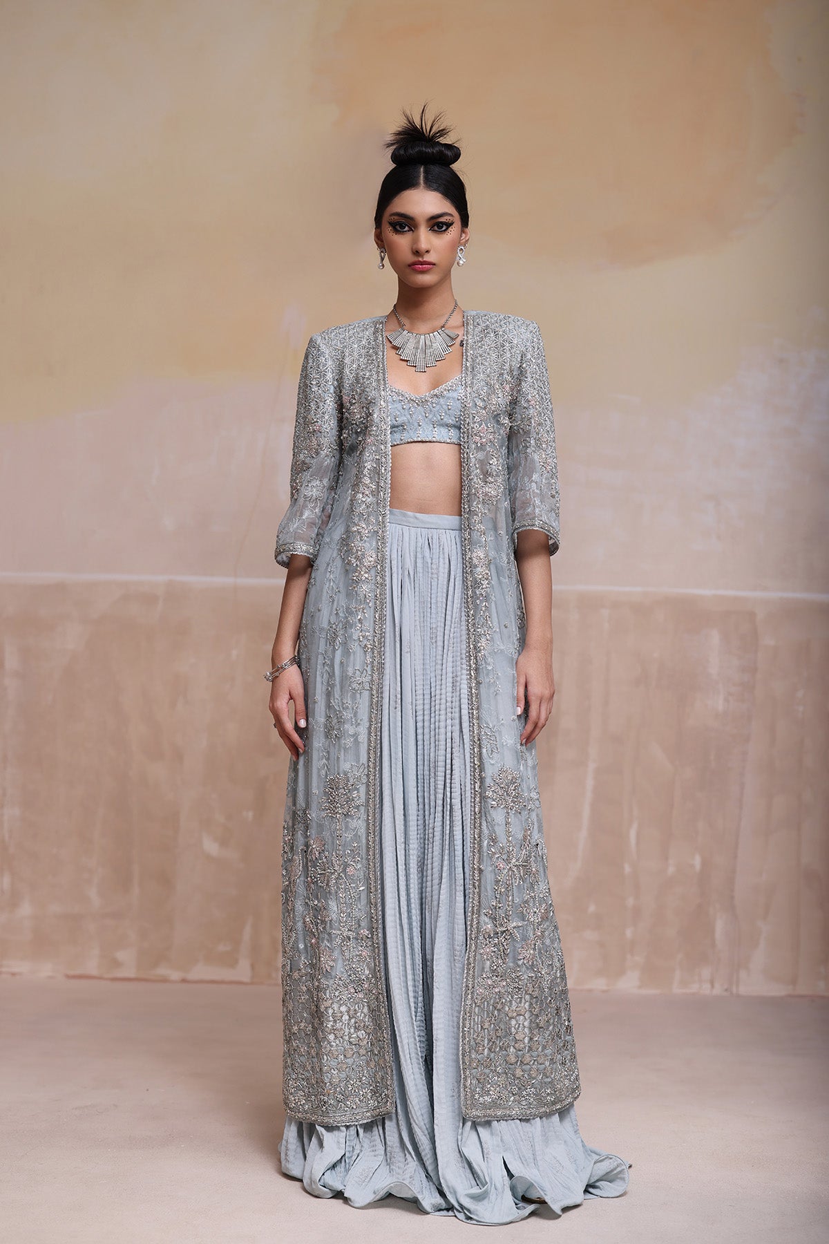 Pakistani Powder Blue Zardozi Organza Jacket Sharara (3-Piece) - Image 1