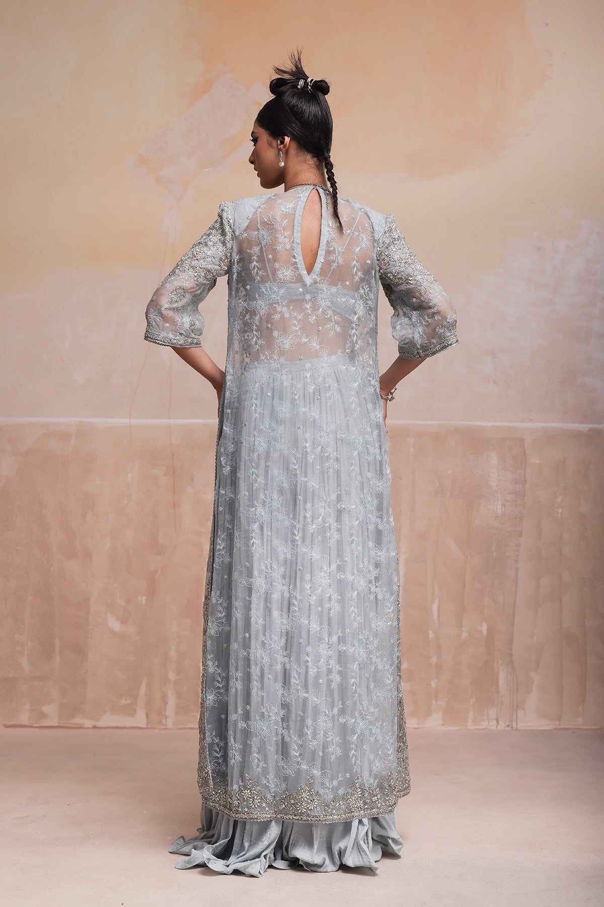 Pakistani Powder Blue Zardozi Organza Jacket Sharara (3-Piece) - Image 2
