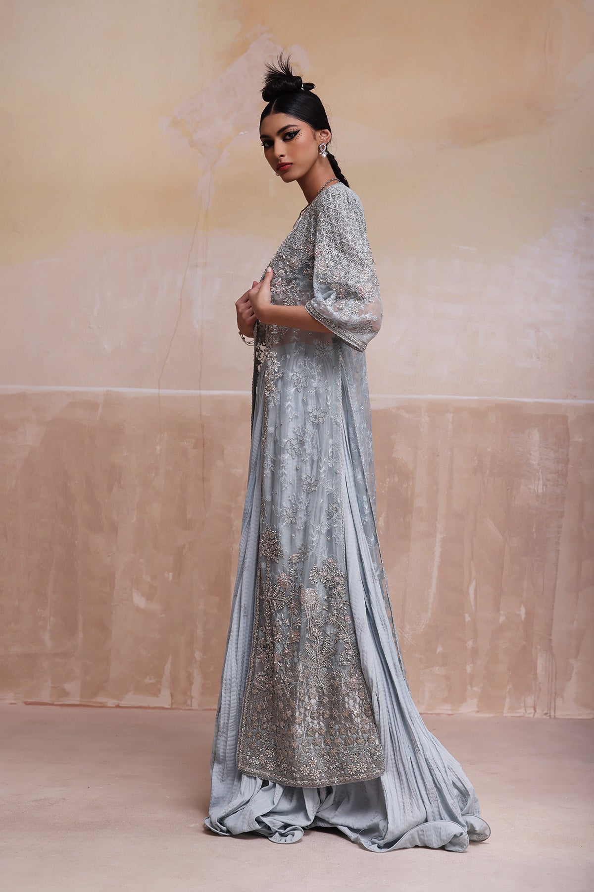 Pakistani Powder Blue Zardozi Organza Jacket Sharara (3-Piece) - Image 3