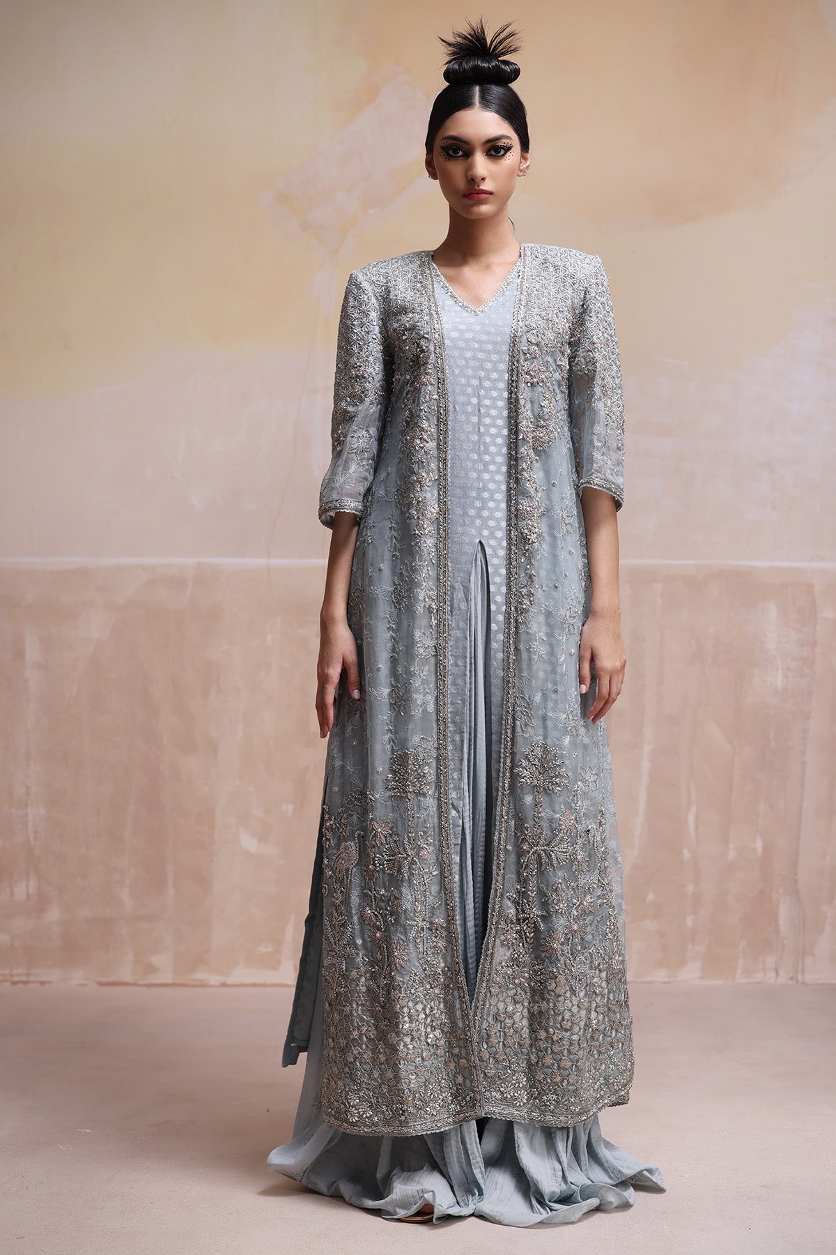 Pakistani Powder Blue Embroidered Organza Jacket Sharara (3-Piece) - Image 1