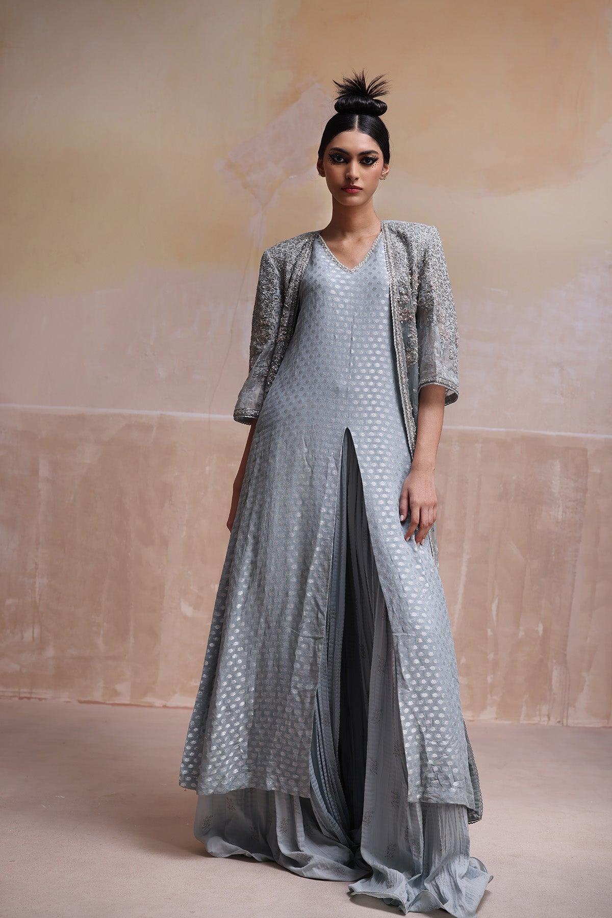 Pakistani Powder Blue Embroidered Organza Jacket Sharara (3-Piece) - Image 2