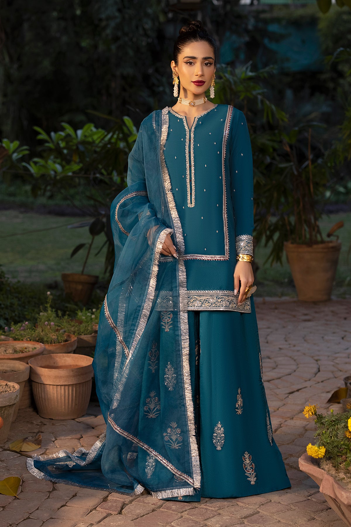 Teal Blue Embroidered Raw Silk Sharara (3-Piece) - Image 4