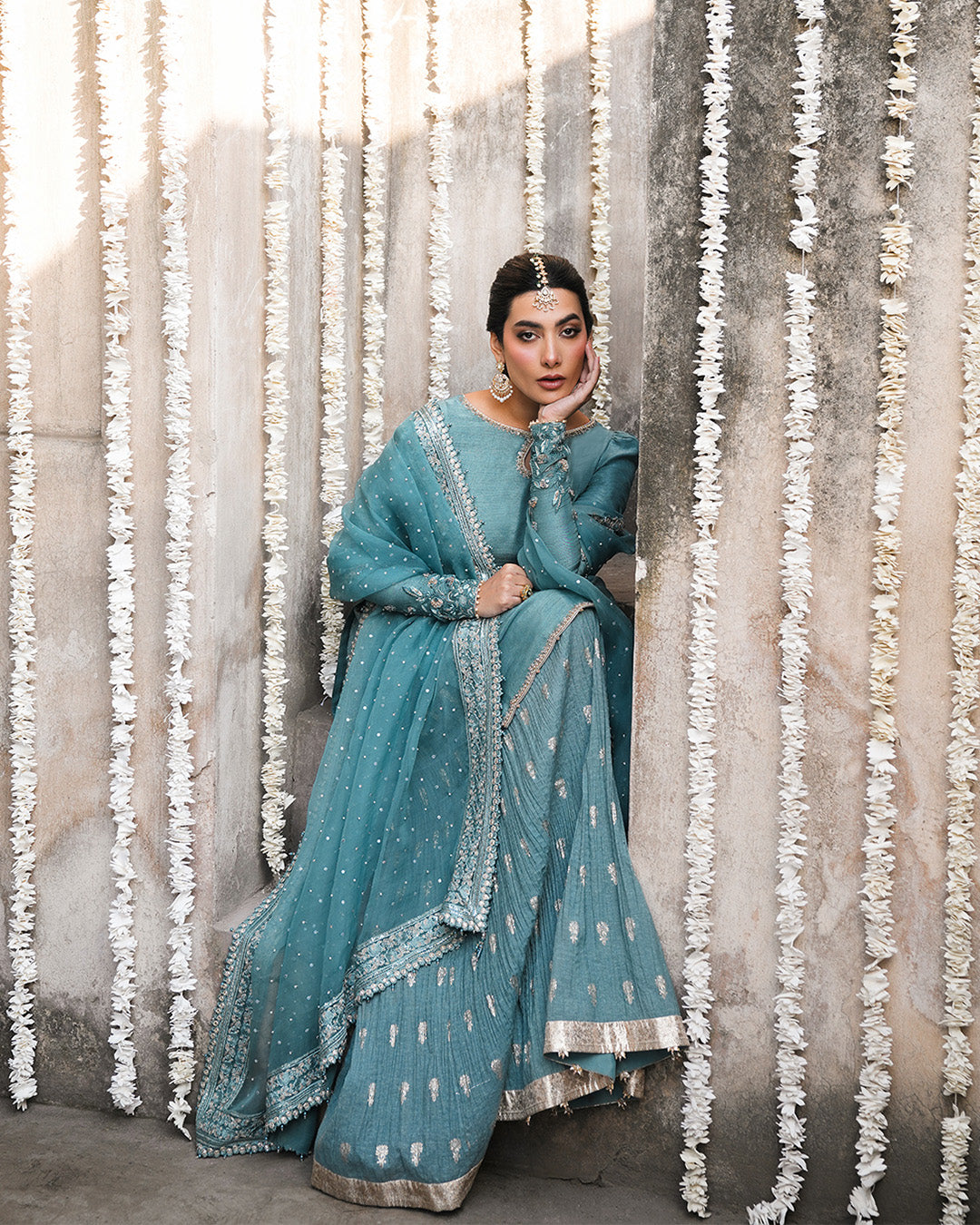 Cadet Blue Embellished Korean Raw Silk Sharara (3-Piece) - Image 2