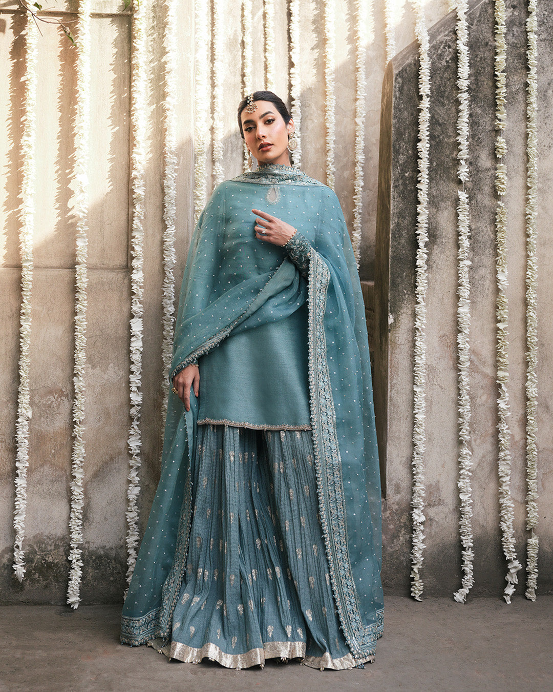 Cadet Blue Embellished Korean Raw Silk Sharara (3-Piece) - Image 3