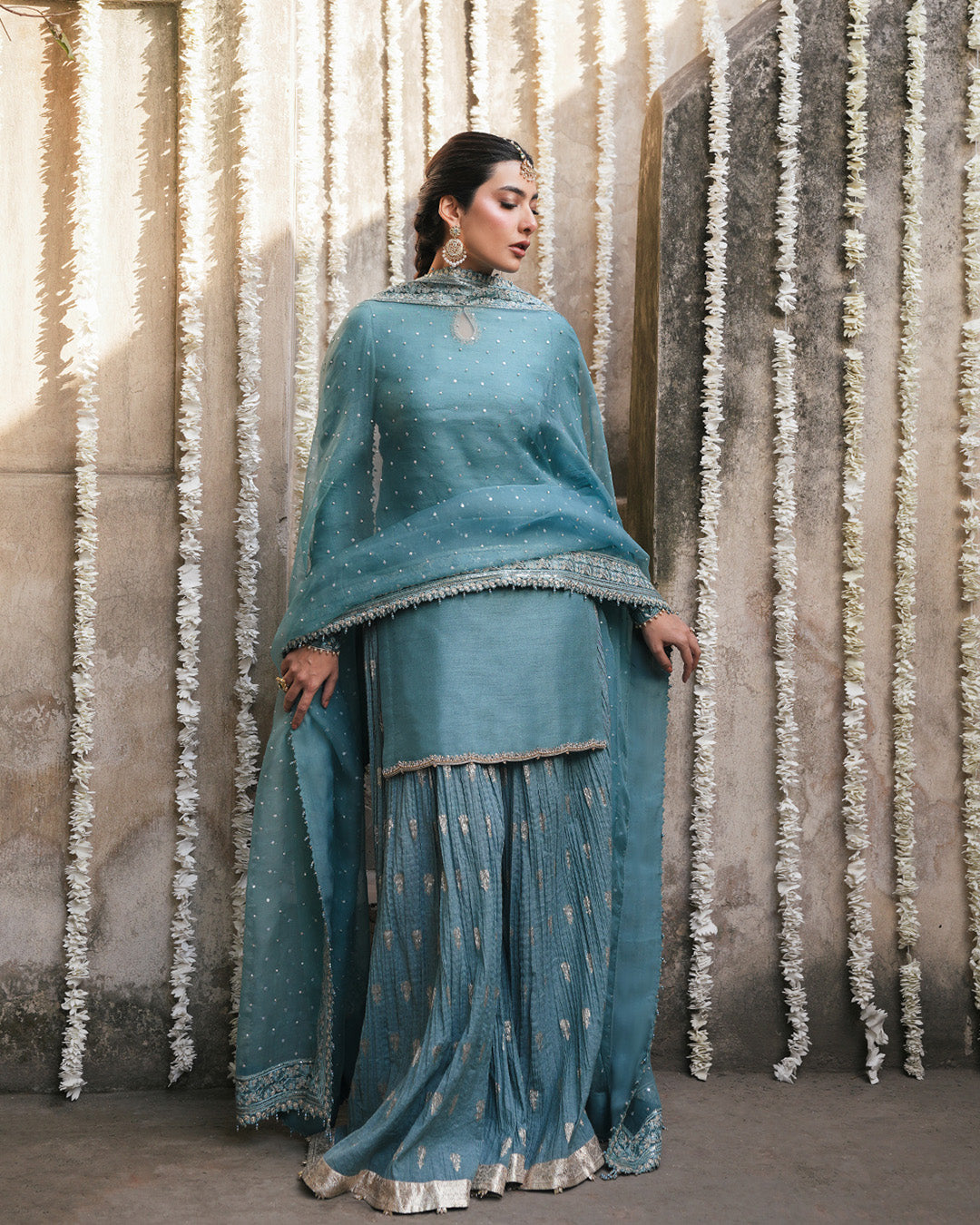 Cadet Blue Embellished Korean Raw Silk Sharara (3-Piece) - Image 6
