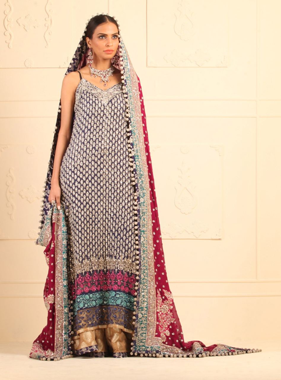Pakistani Blue Embellished Raw Silk Sharara (3-Piece) - Image 1