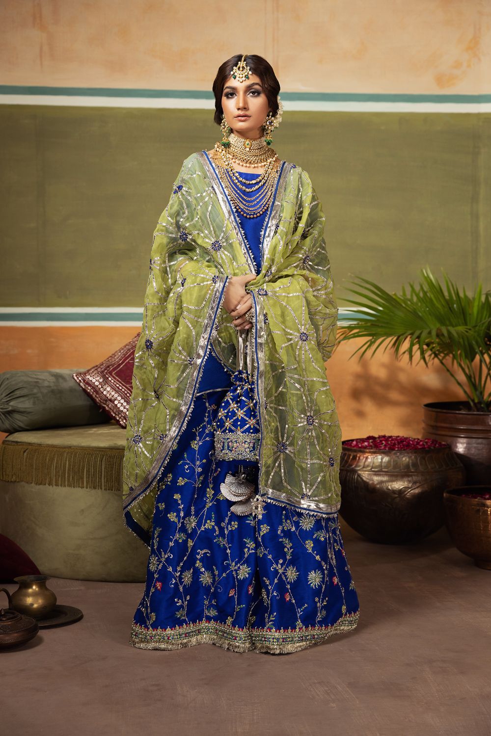 Ink Blue Embroidered Raw Silk Sharara (3-Piece) - Image 1