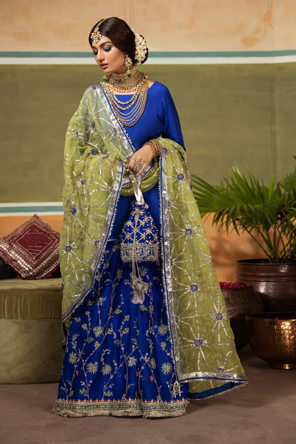 Ink Blue Embroidered Raw Silk Sharara (3-Piece) - Image 2