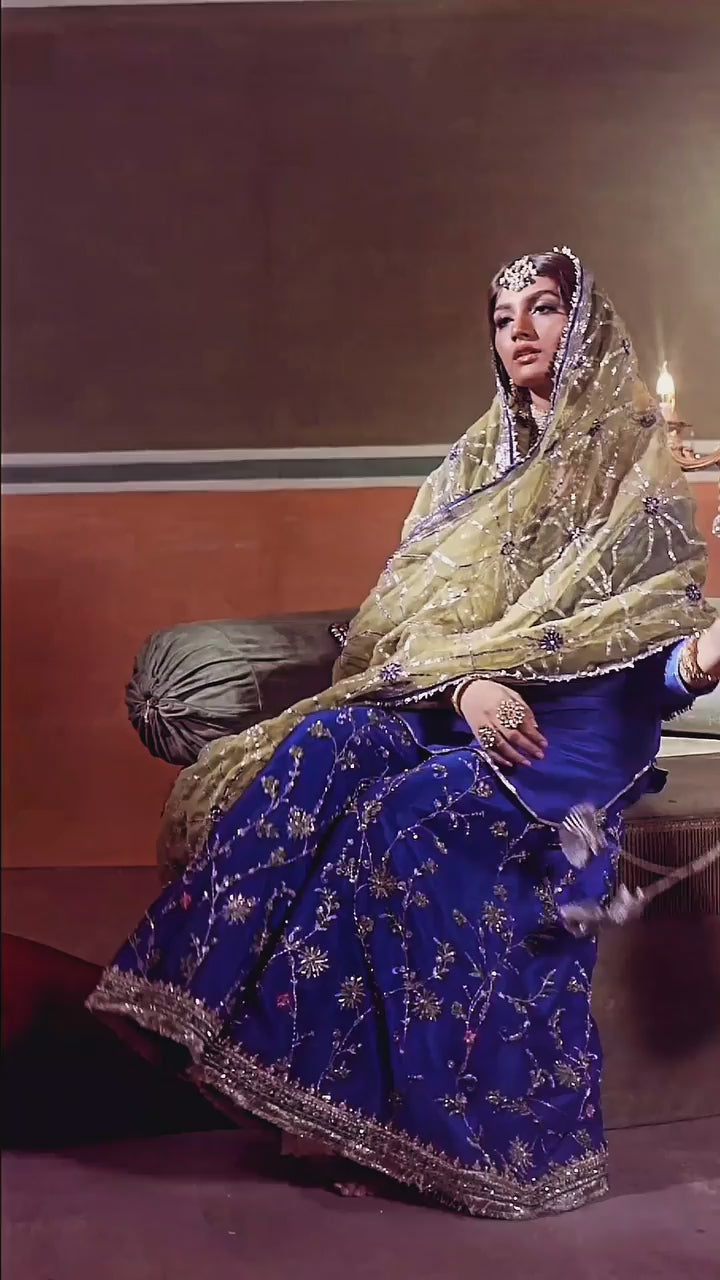 Ink Blue Embroidered Raw Silk Sharara (3-Piece) - Image 6