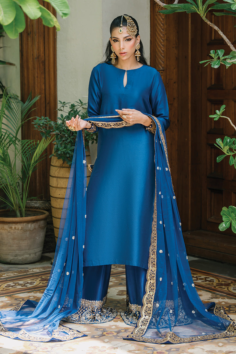 Pakistani Electric Blue Zardozi Pure Raw Silk Sharara (3-Piece) - Image 1