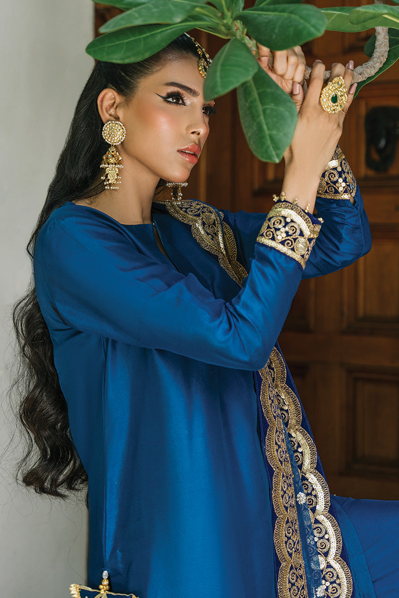 Pakistani Electric Blue Zardozi Pure Raw Silk Sharara (3-Piece) - Image 3
