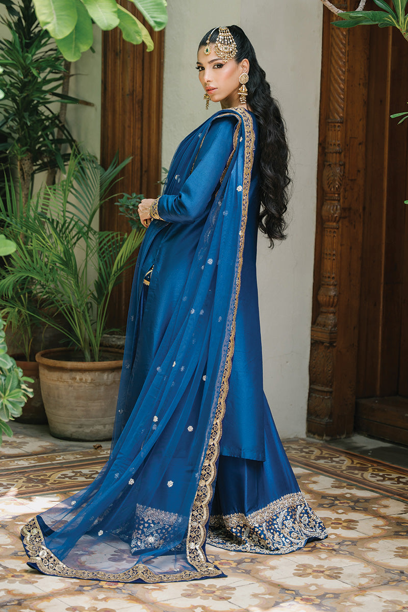 Pakistani Electric Blue Zardozi Pure Raw Silk Sharara (3-Piece) - Image 4