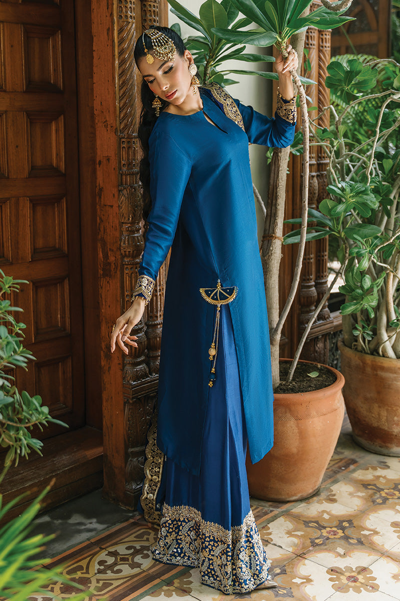 Pakistani Electric Blue Zardozi Pure Raw Silk Sharara (3-Piece) - Image 5