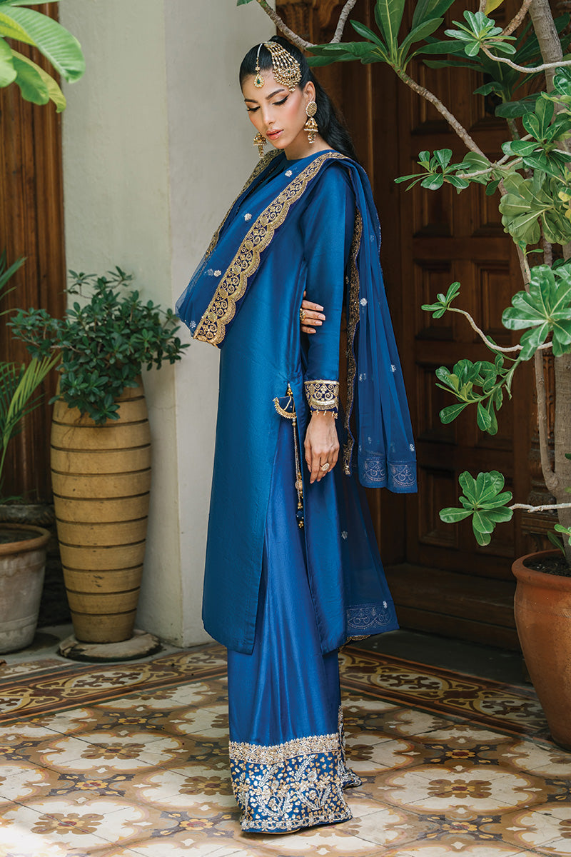 Pakistani Electric Blue Zardozi Pure Raw Silk Sharara (3-Piece) - Image 6