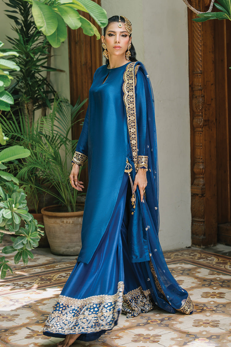 Pakistani Electric Blue Zardozi Pure Raw Silk Sharara (3-Piece) - Image 7