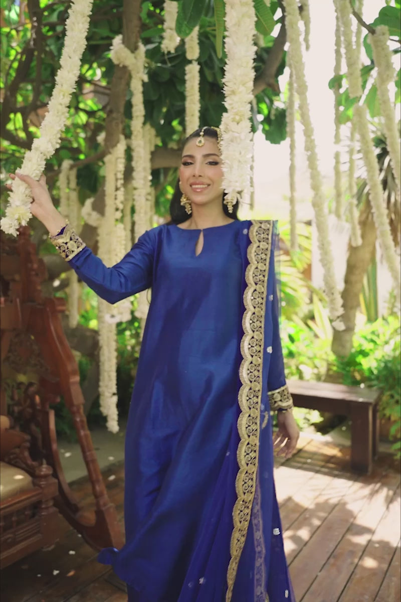 Pakistani Electric Blue Zardozi Pure Raw Silk Sharara (3-Piece) - Image 8