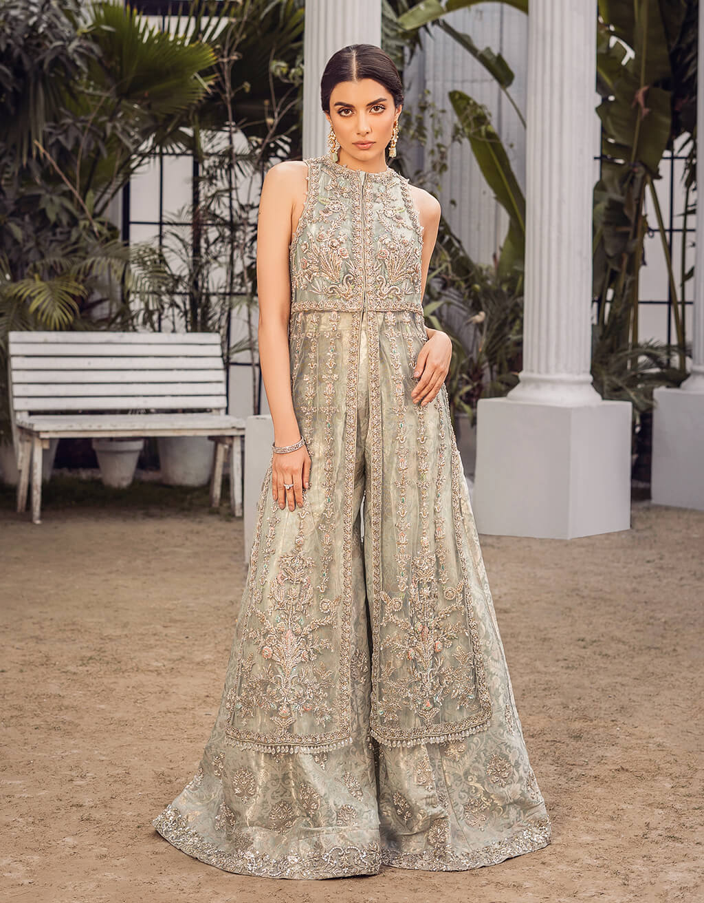 Sky Blue Embroidered Silk-Blend Kameez Sharara (2-Piece) - Image 1