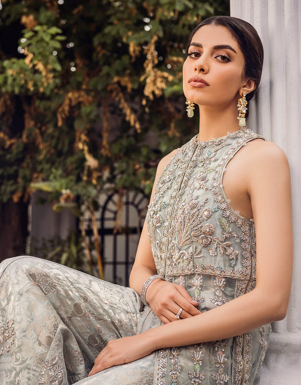 Sky Blue Embroidered Silk-Blend Kameez Sharara (2-Piece) - Image 2