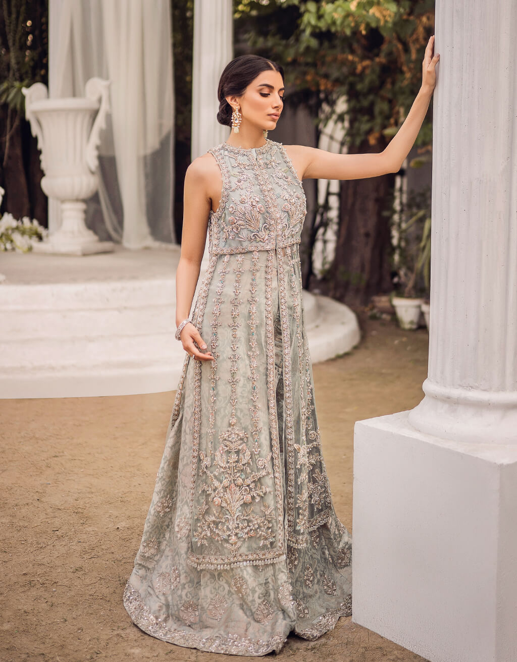 Sky Blue Embroidered Silk-Blend Kameez Sharara (2-Piece) - Image 4