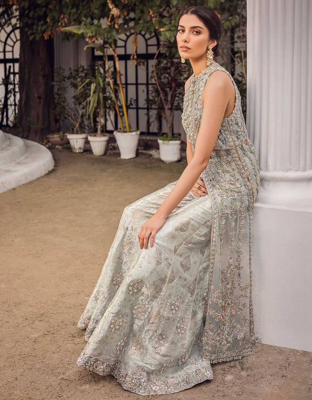 Sky Blue Embroidered Silk-Blend Kameez Sharara (2-Piece) - Image 5