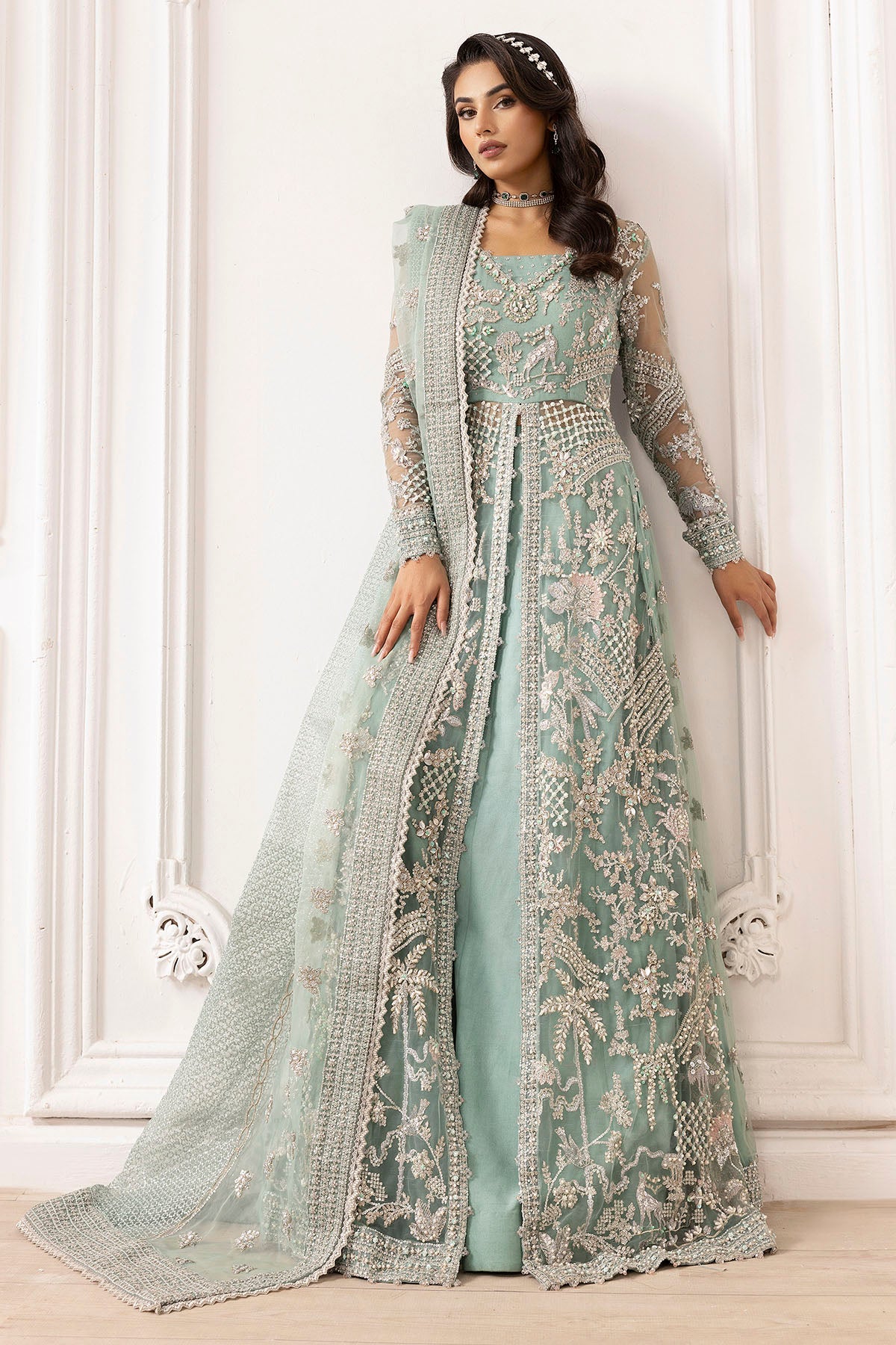 Pakistani Powder Blue Hand Embroidered Silk Net Sharara (3-Piece) - Image 1