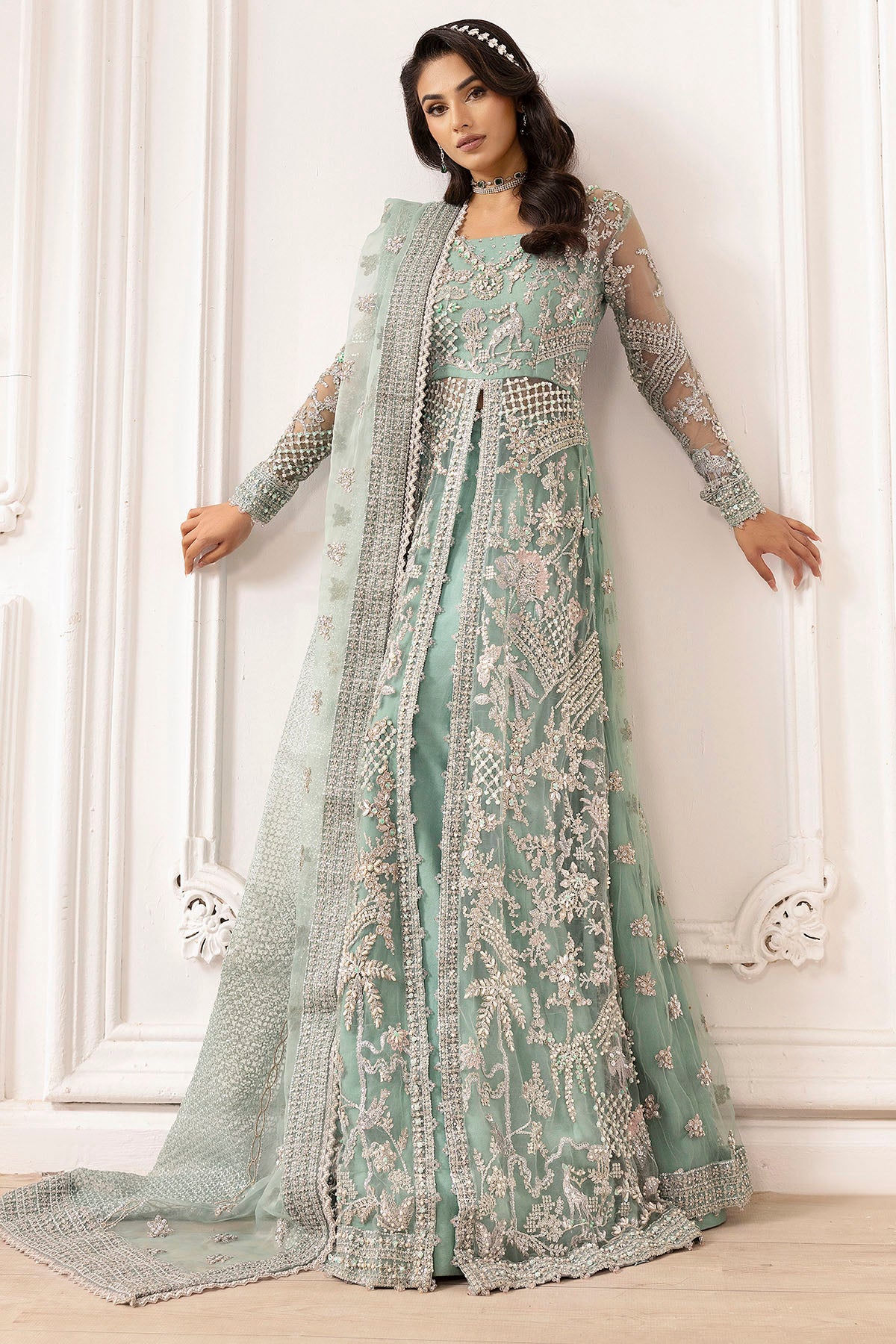 Pakistani Powder Blue Hand Embroidered Silk Net Sharara (3-Piece) - Image 3