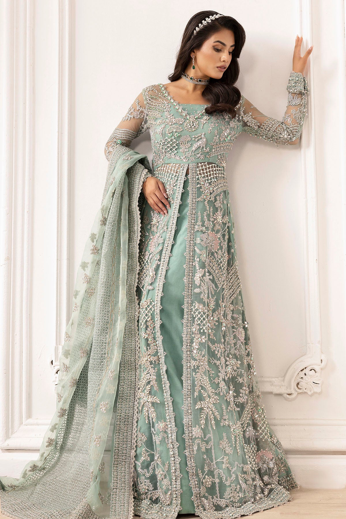 Pakistani Powder Blue Hand Embroidered Silk Net Sharara (3-Piece) - Image 4