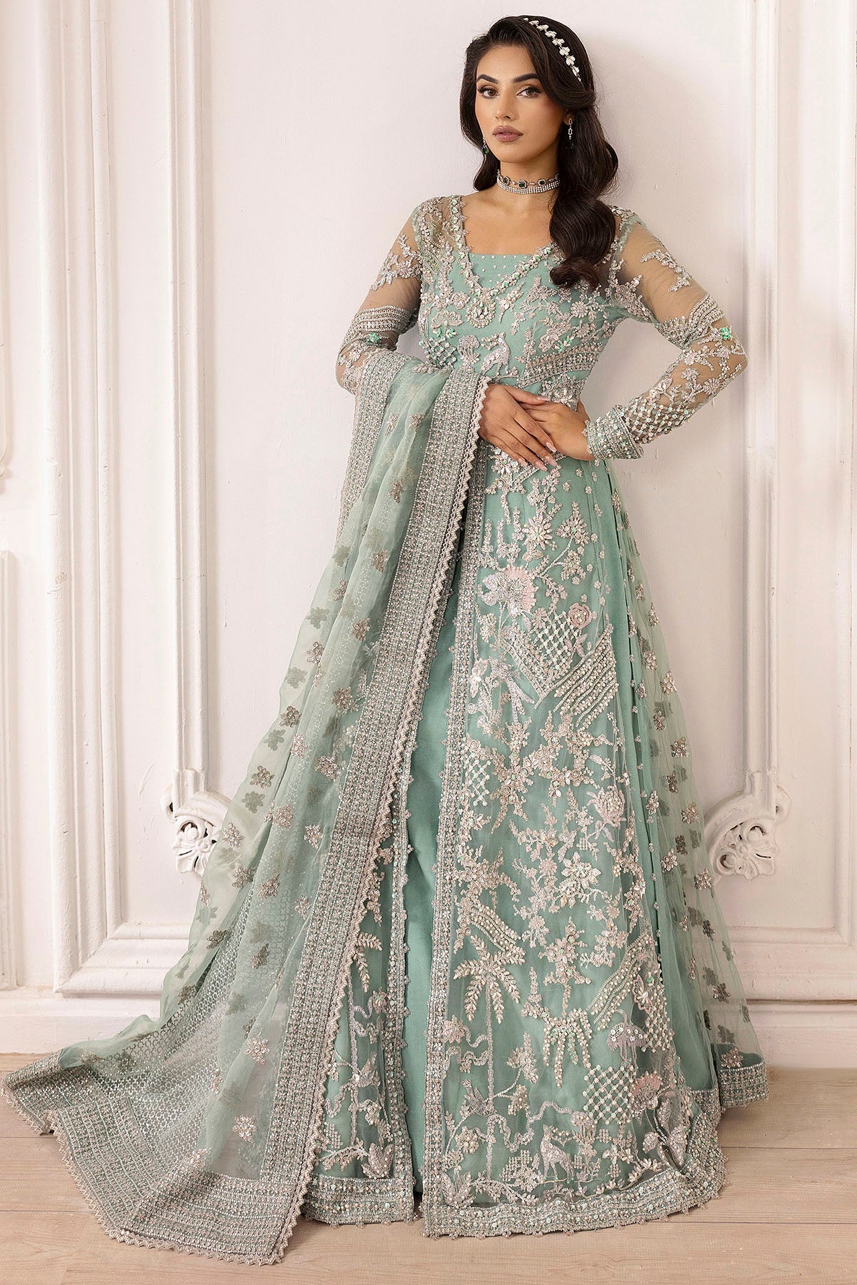 Pakistani Powder Blue Hand Embroidered Silk Net Sharara (3-Piece) - Image 6