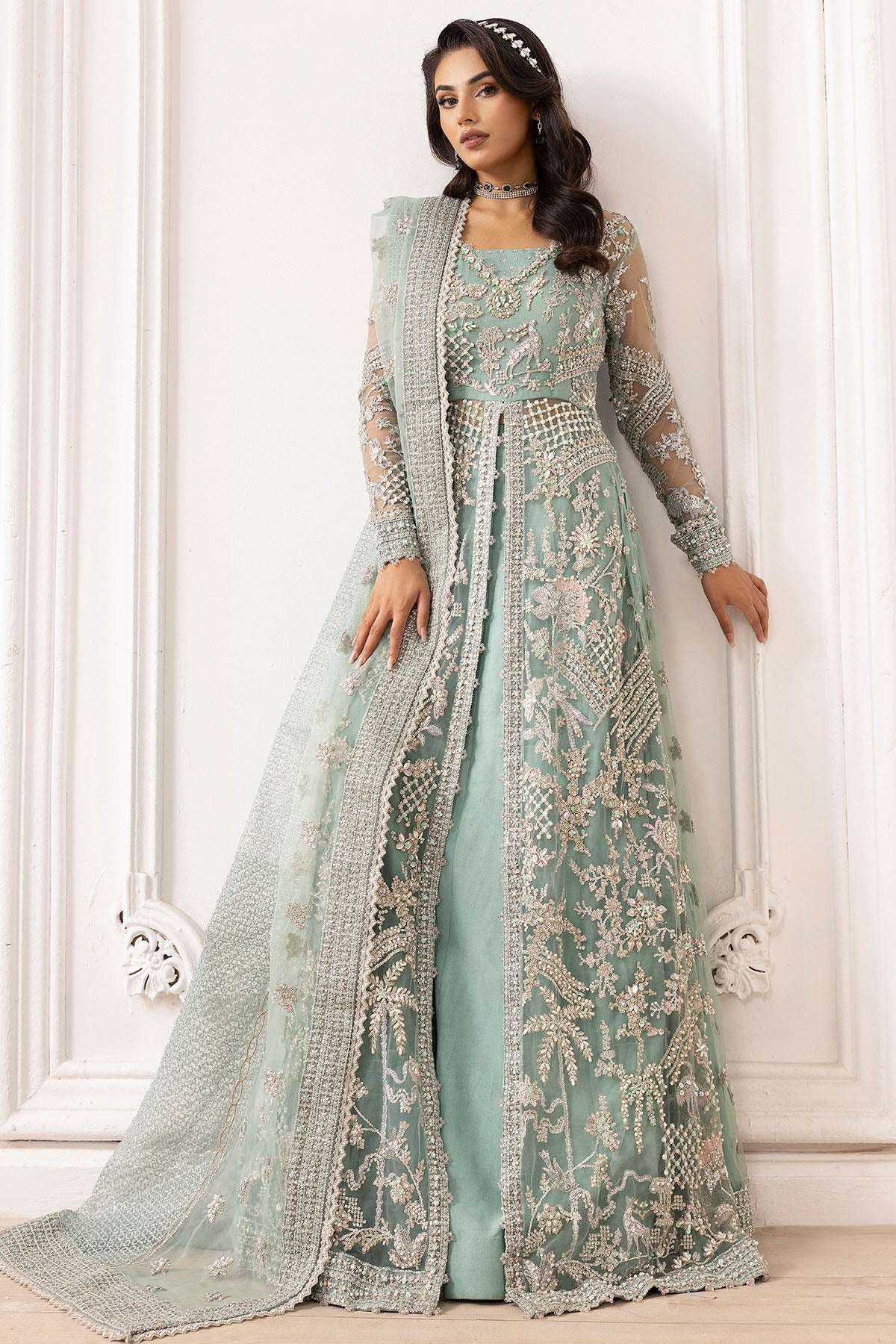 Powder Blue Hand-Embellished Silk Net Sharara (3-Piece) - Image 2