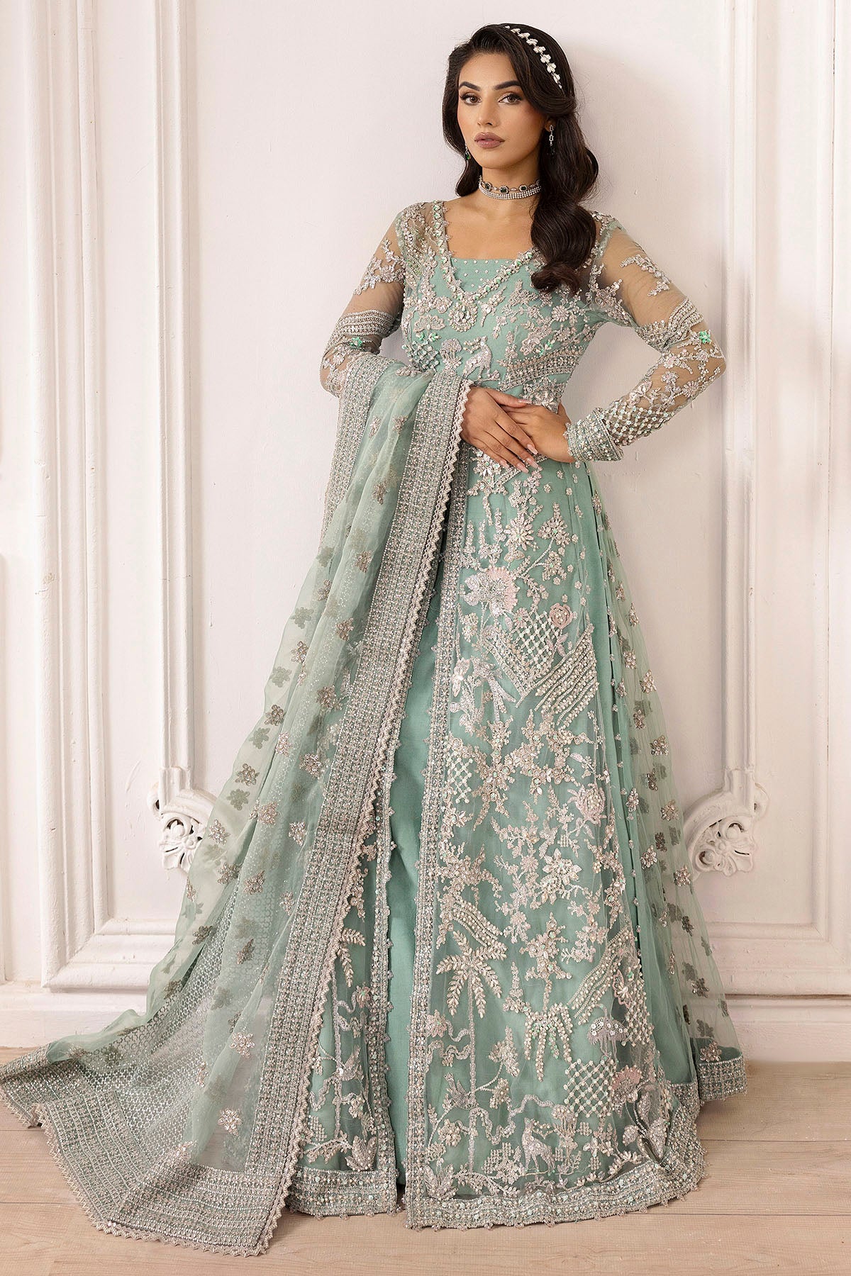 Powder Blue Hand-Embellished Silk Net Sharara (3-Piece) - Image 5