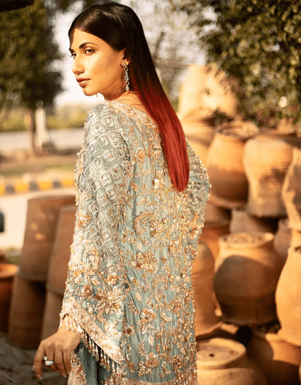 Pakistani Sky Blue Embroidered Silk & Net Sharara (2-Piece) - Image 2