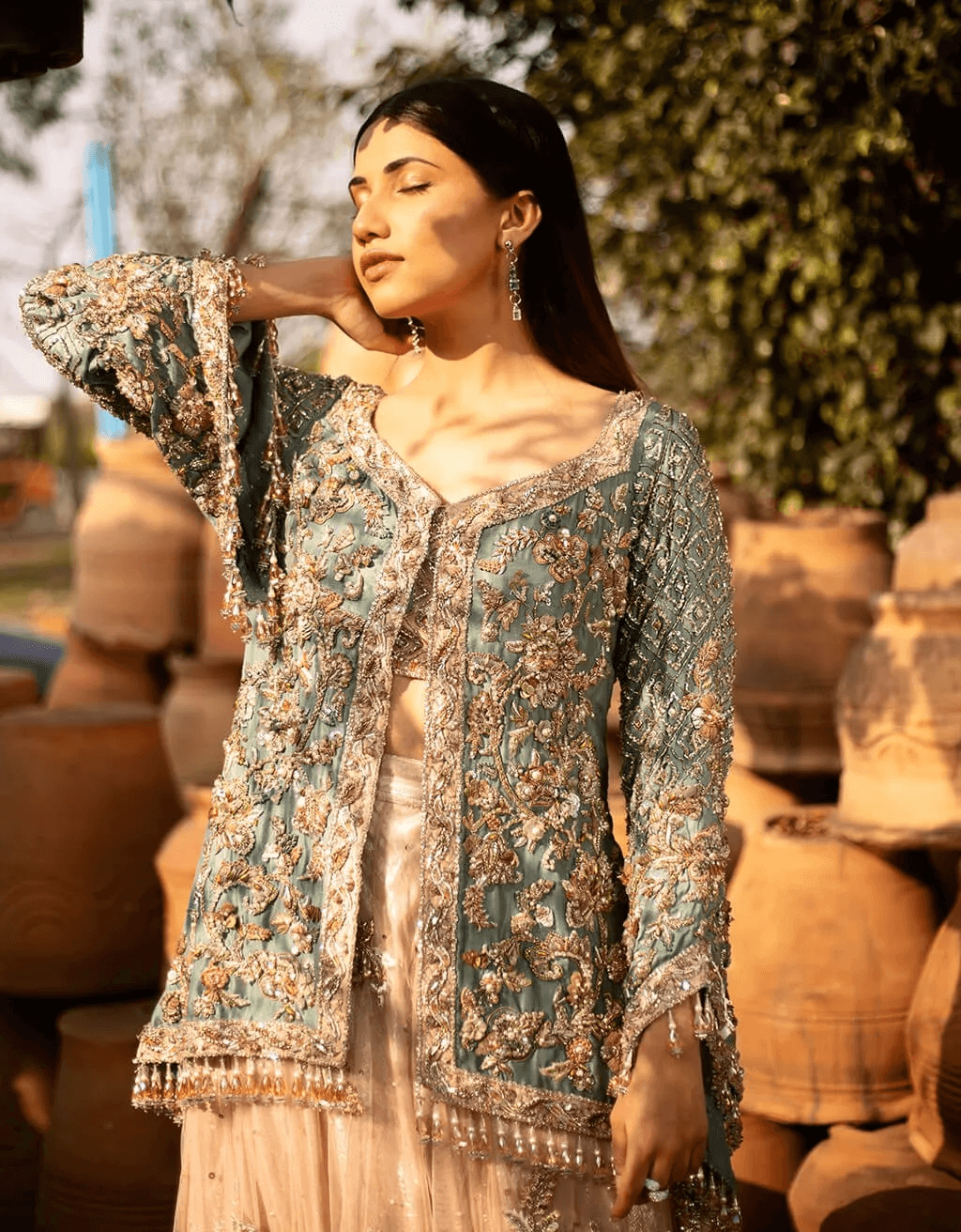 Pakistani Sky Blue Embroidered Silk & Net Sharara (2-Piece) - Image 3
