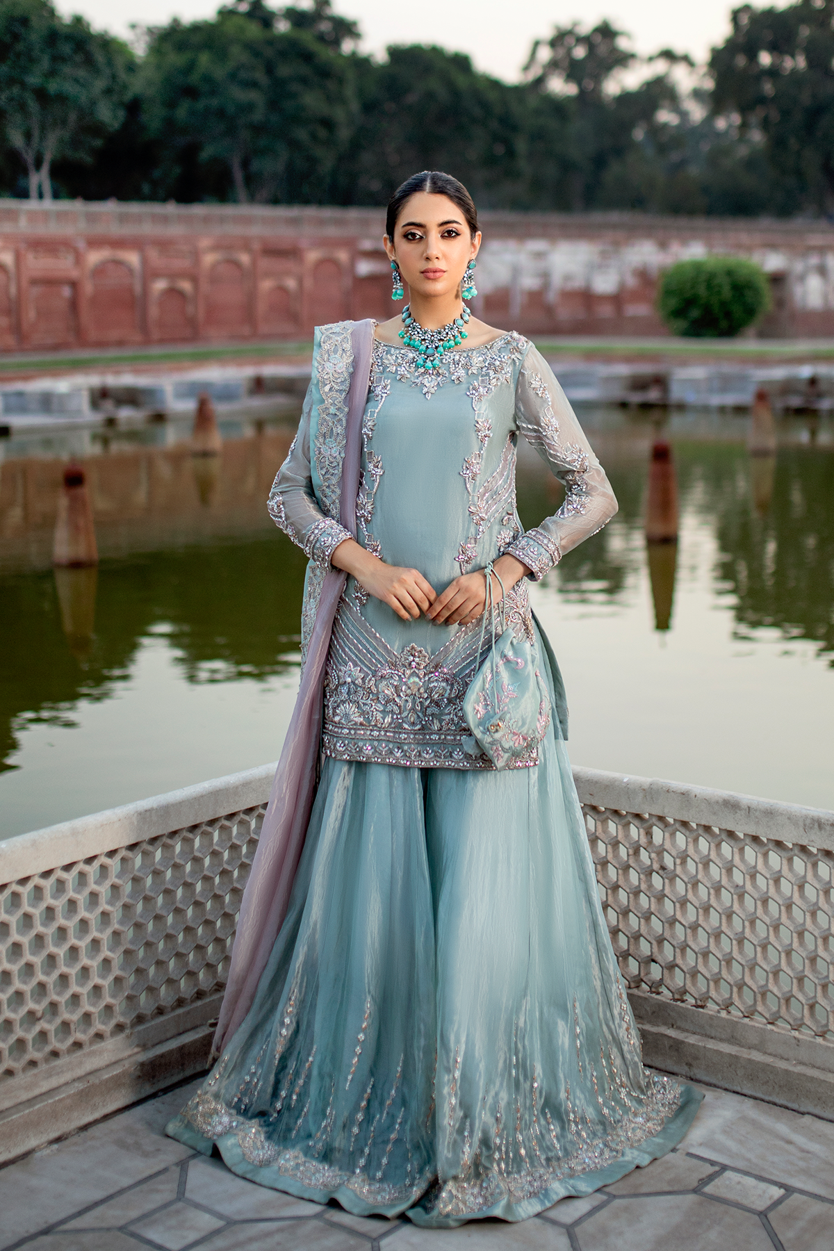 Light Blue Embellished Tissue Sharara (3-Piece) - Image 4