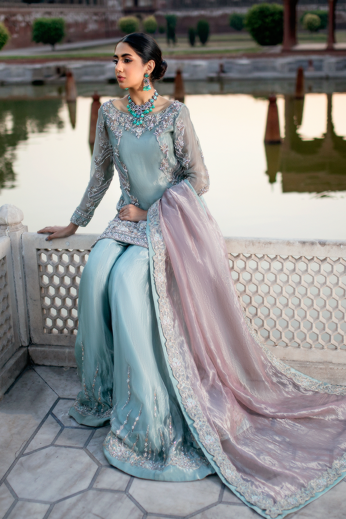 Light Blue Embellished Tissue Sharara (3-Piece) - Image 5