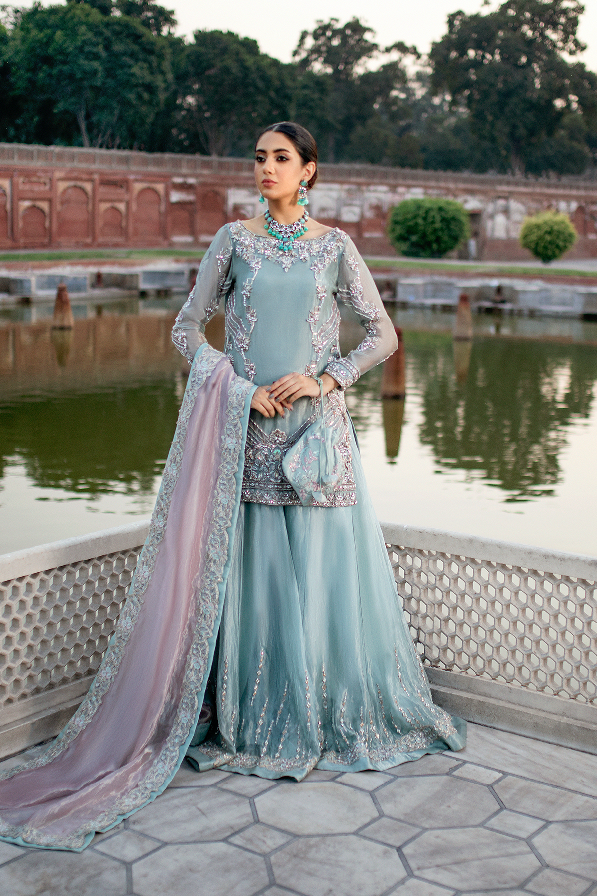 Light Blue Embellished Tissue Sharara (3-Piece) - Image 1