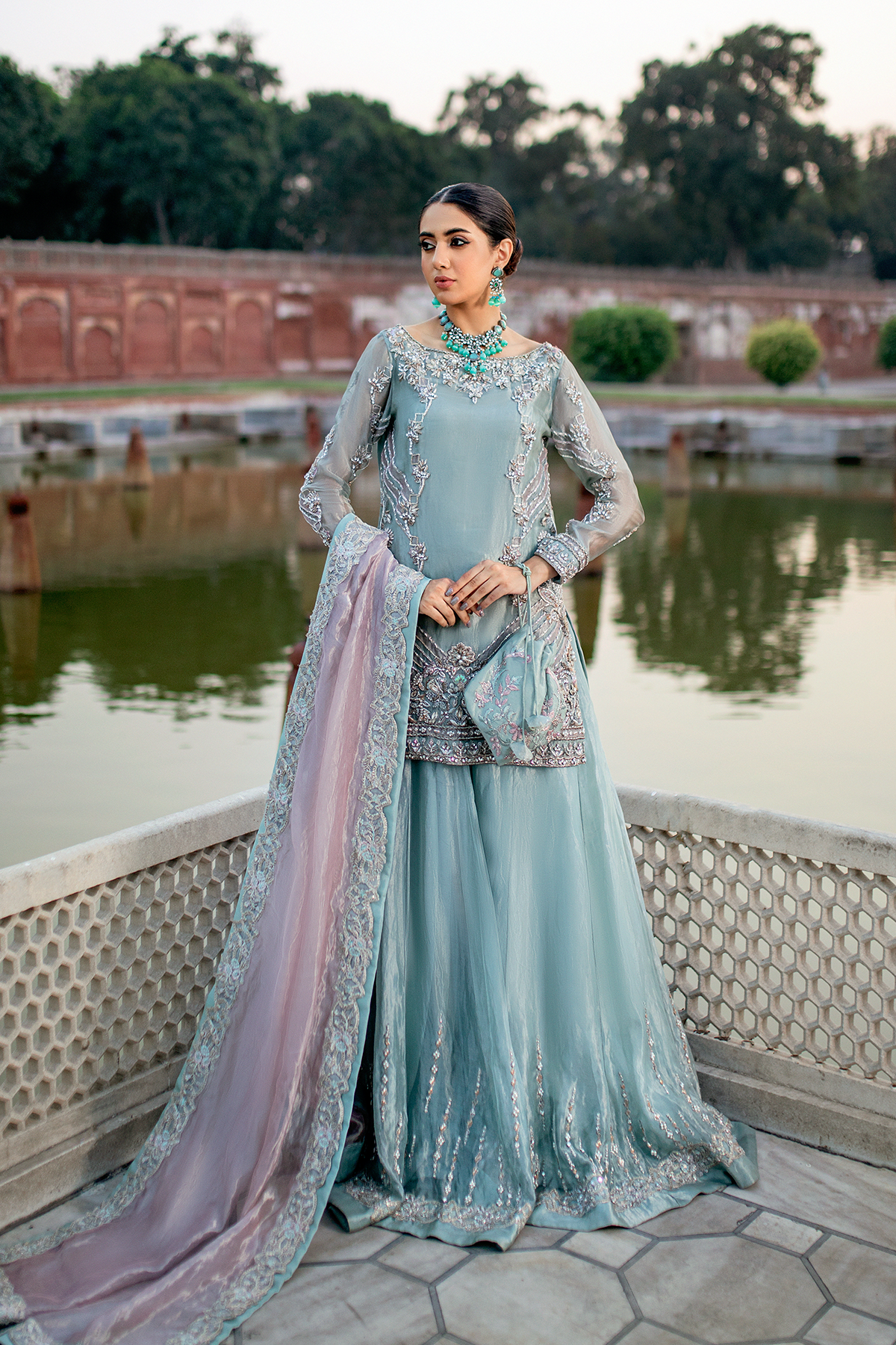 Light Blue Embellished Tissue Sharara (3-Piece) - Image 3